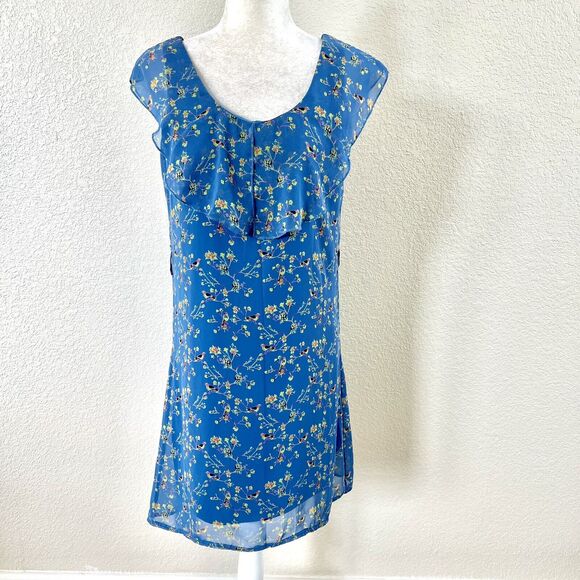 Altar’d State Sz Medium Baby Blue Floral Party Dress Ruffle Shoulder Sheer Lined - Picture 1 of 14